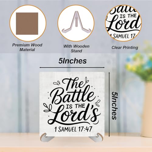 Inspirational Christian Desk Decor Wood Sign, Religious Gifts, Bible Scripture Desk Decorations Faith Based Gifts for Women Sister Friend Office Work Bedroom Home Decor Wooden Plaque With Stand - color: Battle 742
