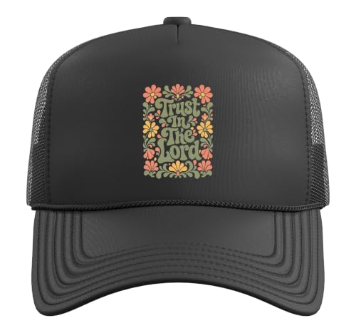 Trust in The Lord Christian Retro Floral Bible Verse Trucker Hat with Adjustable Mesh Back - color: Black