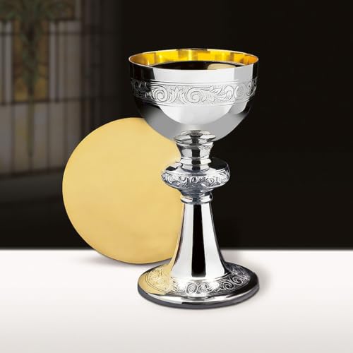 Gold Plated Brass Chalice & Paten, 10 Ounce, Nickel Plated Scrollwork - color: Nickel Plated Scrollwork