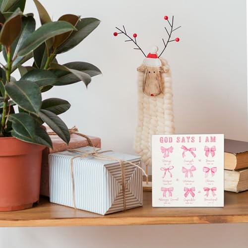 Coquette Pink Bow Christian Bathroom Wooden Signs,Coquette Room Decor,Pink God Says I Am Wooden Box Sign,Preppy Bow Bible Verse Decor For Girls Room Bedroom Desk Shelf Tabletop 5x5 Inches - color: Pink bow1