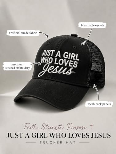 Christian Hat for Men Women - Premium Embroidered Faith Baseball Cap - Religious Jesus Gifts, Mesh Back Trucker Hats - color: Just a Girl Who Loves Jesus-black