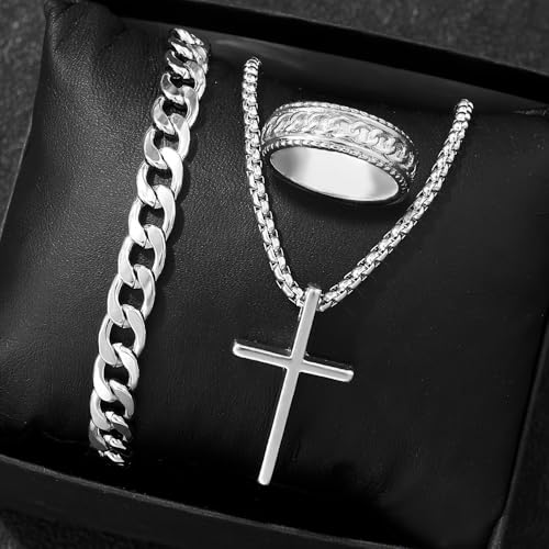 DATOA 3Pcs Cross Necklace Stainless Steel Chains Bracelet Ring for Men Silver Gold Black Pendant Minimalist Jewelry - color: Silver