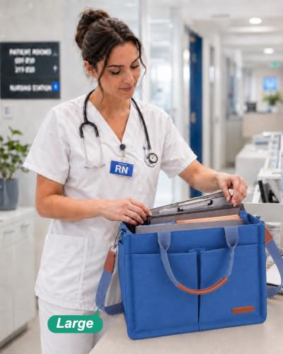 FIORETTO Womens Canvas Tote Bag Purse with Individual Compartment, Zipper Top, Reinforced Bottom & Luggage Sleeve - color: Demin Blue, size: Medium