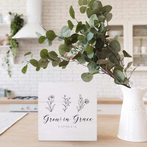 Christian Gifts: Bible Verse Wooden Box Sign - 2 Peter 3:18 Scripture, Flower Decor for Home Desk Shelf, 5x5 - color: Grow In Grace
