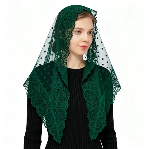 Wgior Triangle Vintage Inspired Lace Chapel Veils Catholic Mass Head Covering Scarf Mantilla Veils for Church - color: Green