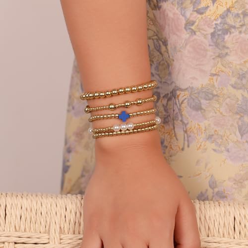 Gold Beaded Pearl Cross Bracelets Stackable Christian Stretch Jewelry Set - color: Royal Blue