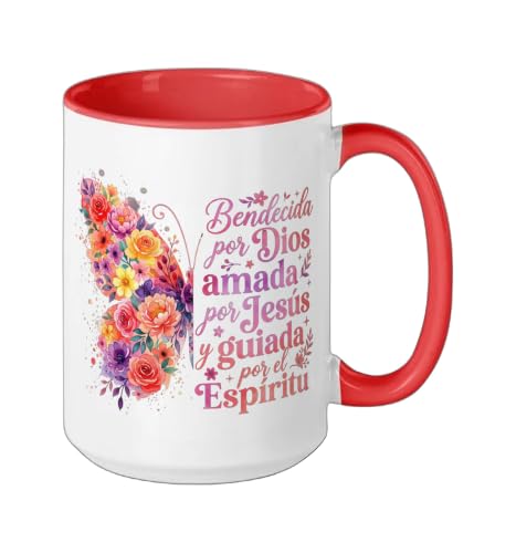 Bendecida Por Dios Amada Por Jesus Christian Spanish Floral Ceramic Mug, Red/White, 15oz - color: Red/White, size: 15 Ounces