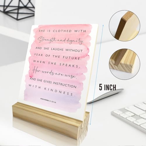 Inspirational Proverbs 31 Woman Gifts She Is Clothed With Strength And Dignity Bible Verse Desk Decor Rustic Plaque With Wood Stand, Watercolour Christian Wood Sign for Home Office Shelf Decor - color: Kindness