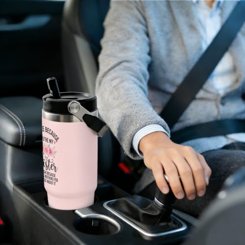 30 oz Sister Travel Mug with Handle and Straw, Cute Pink Floral Stainless Steel Vacuum Insulated Tumbler, Water Bottle, Funny Friendship Gifts for Women - color: sister travel mug