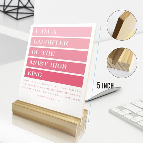 Pink Room Decor Rustic Bible Verse Daughter of The King Plaque With Wood Stand - Pink 2 Corinthians 6:18 Christian Decorative Wood Sign for Home Office Living Room Shelf Decor - color: King