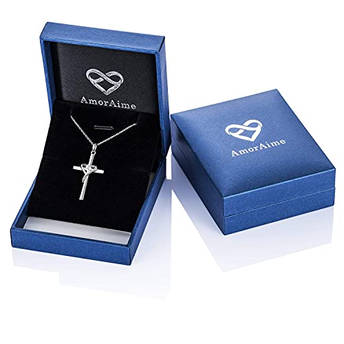 AmorAime 925 Sterling Silver Cross Necklace for Women Men 14K Gold Plated 5A CZ Birthstone Necklaces for Holiday - color: D.white-CZ-April