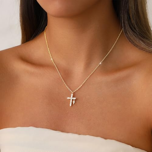 Amicon Gold Cross Necklace for Women Dainty 14K Gold Plated Diamond Cross Pendant Necklace Simple Charm Cross Necklaces Faith Trendy Jewelry Gifts - style: Small Double Cross Necklace-GD