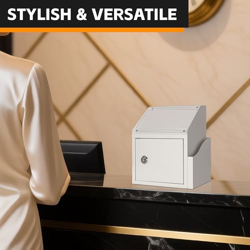 Suggestion Box with Slot and Lock, Secure Metal Ballot Box for Donation or Comment Collection, Wall Mounted or Countertop Donation Boxes for Fundraising, For Office, School, or Event Use (White) - color: White