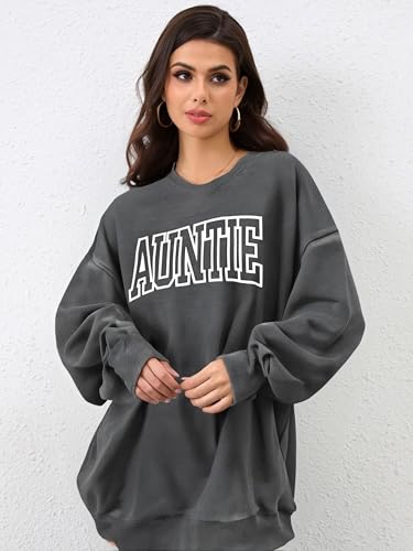 Womens Auntie Sweatshirt Auntie Letter Print Crewneck Long Sleeve Pullover Top Women Embroidered Sweatshirt - color: Darkgrey, size: XX-Large