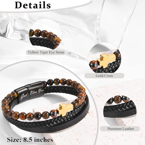 Leather Tiger Eye Cross Bracelet for Boys Men Christian Religious Gifts - color: Black-"Son"