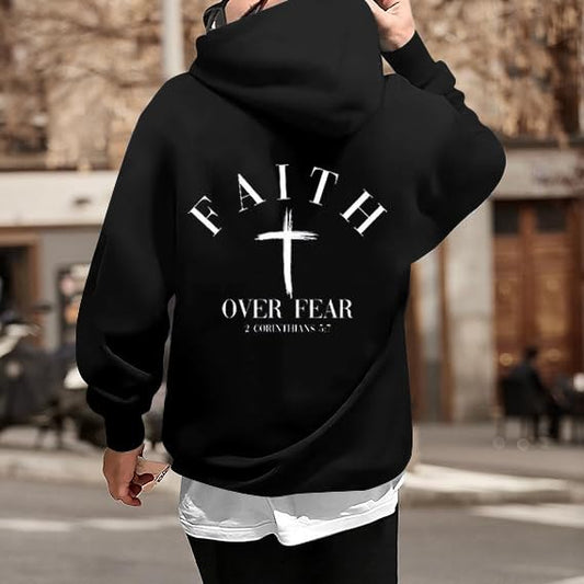 Men Faith Over Fear Christian Cross Graphic Pullover Hoodie - color: Black, size: Medium