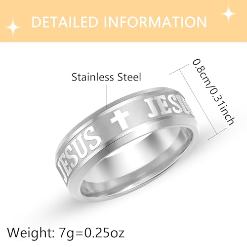 Uloveido Stainless Steel JESUS Cross Ring - Christian Faith Scripture Jewelry for Men - 8mm Comfort Fit Wedding Cross Band Durable Polished - color: Silver