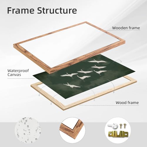 KBBYT Wood Frame Japandi Wall Art Vintage Green Flying Bird Posters Elegant Japanese Cranes Zen Canvas Print Minimalist Wall Decor Painting Asian Decor Pictures for Living Room Bedroom 8x12inch - color: style-3 Wood Framed, size: 8"L x 12"W
