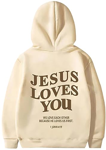 Jesus Loves You Hoodie Christian Faith Tops Religious Sweatshirt God Bible Verse Cross Graphic Pullover - color: Beige, size: XX-Large