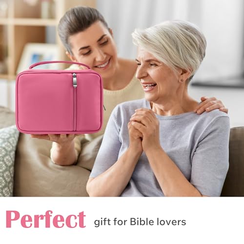 Small Bible Cover Case for Women and Men, 9x6 PU Leather Bible Sleeve, Compact Travel Bible Carrier Bag with Front Pen Holders, Zipper Closure, Inner Pockets - Hot Pink - color: Hot Pink, size: 9''x6.5''