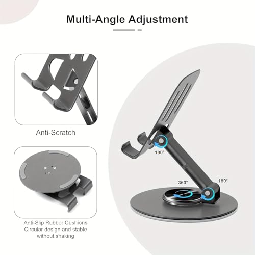360° Rotating Metal Phone Stand, Foldable Adjustable Desktop Holder, Stable Universal Mount for All Smartphones & Tablets, Ideal Office/Home Desk Accessory(Gray) - color: Gray