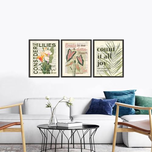 Green Plant Boho Bible Verse Set of 3 Art Prints, UNFRAMED, Matthew 6:28, James 1 2, Psalm 51 10, Vintage Bible Page Verse Scripture, Floral Christian Wall and Home Decor Poster, 8x10 Inches