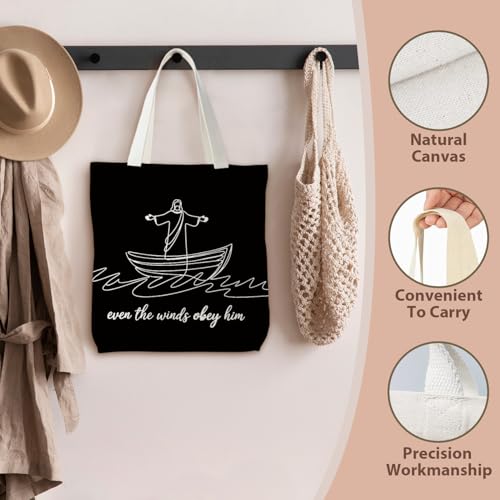 kunlisa Christian Tote Bag for Women, Christian Gifts for Women Faith Canvas Tote Bag - color: Even the Winds Obey Him