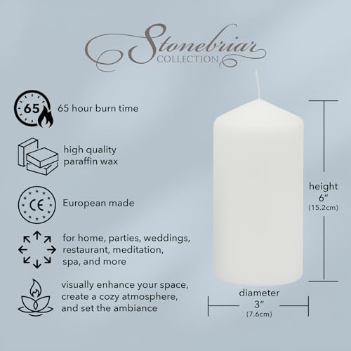 Stonebriar 3 Pack Tall 3 x 6 Inch 65 Hour Long Burning Unscented White Wax Pillar Candles - size: 3 x 6 inches, style: Pack of 3