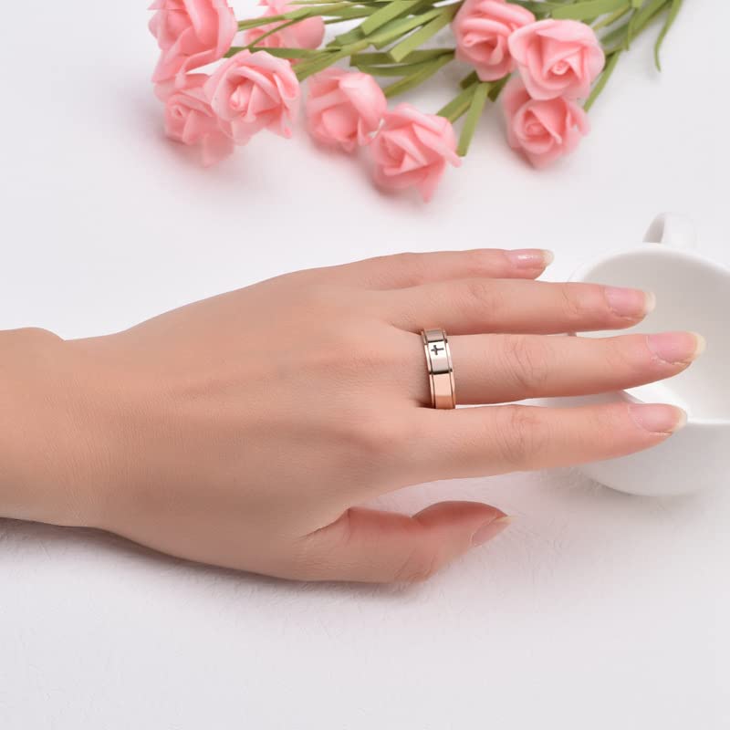 Fuqimanman2020 6mm Stainless Steel Cross Spinner Band Ring Stress Relief Christian Jesus Christ Lord Prayer Rotating Fidget for Men Women Anxiety Religious Engagement Wedding Jewelry - color: Gold