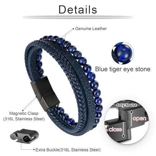 Beaded Leather Bracelets - Gifts for Men, 6mm Tiger Eye Lava Rock Stone Beads Braided Leather Bracelet Handmade Mens Bracelet With Adjustable Magnetic Clasp - color: Blue-1