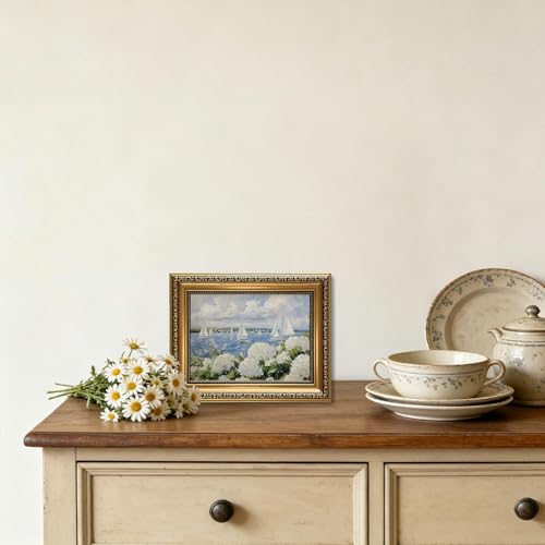 Gold Framed Wall Art White Hydrangea Sailboat Canvas Picture Coastal Decor - color: Gold Framed-11, size: 10"L x 8"W