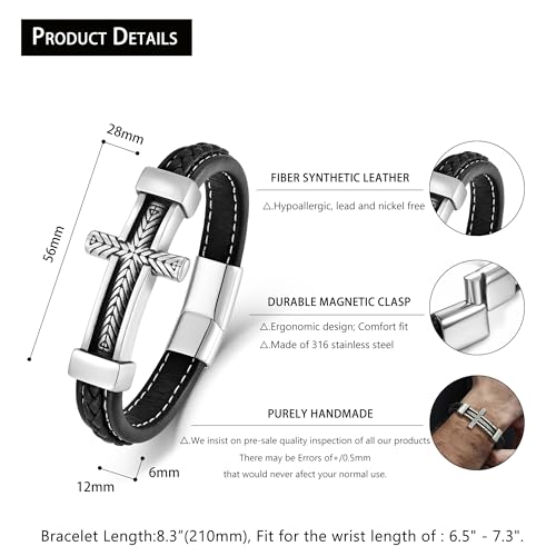 Leather Cross Bracelet Braided Faith Bangle for Men, 8.3 &9.1 Inch - color: 06.black leather; Style: wheat cross, size: 8.3in(Fits most wrists)