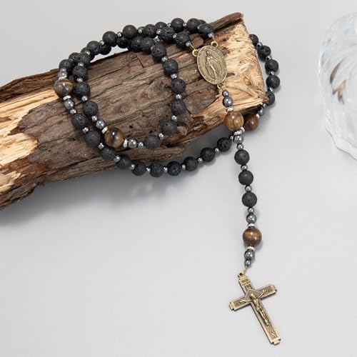 Lava Stone Black Rosary Beads for Men, Catholic Rosary Necklace with Saint Medal & Cross, Yellow Tiger Eye Beads Strong Rosary Cross Necklace in Portable Gift Box - style: Miraculous