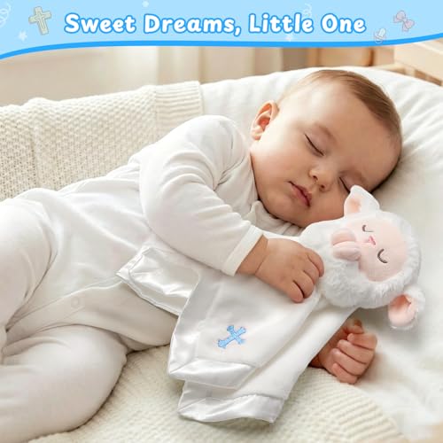 Lamb Baptism Blanket, Lamb Loveys Baptism Gifts for Baby Boys - color: White Lamb Blue Cross