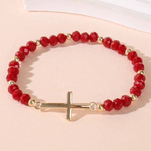 Pingyongchang Colorful Crystal Beaded Cross Bracelet Retro Stainless Steel Cross Stretch Bracelet Christian Religious Jewelry Gifts for Women Men - color: Red