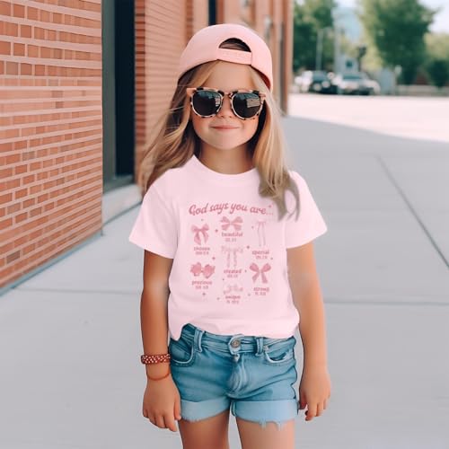KEEVICI Cute Girls Bow God Shirt Christian Graphic Tees Jesus Shirts for Kids Bible Verse Inspirational Religious T Shirts - color: Pink, size: 9-10 Years
