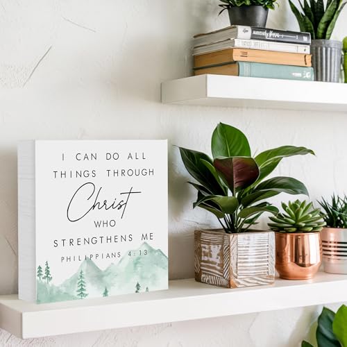 I Can Do All Things Through Christ - Wooden Box Sign Desk, Christian Bible Verse Home Office Decor Plaque, Inspirational Religious Gift for Family Christian Women Friends, 5x5 Inch - color: inspirational