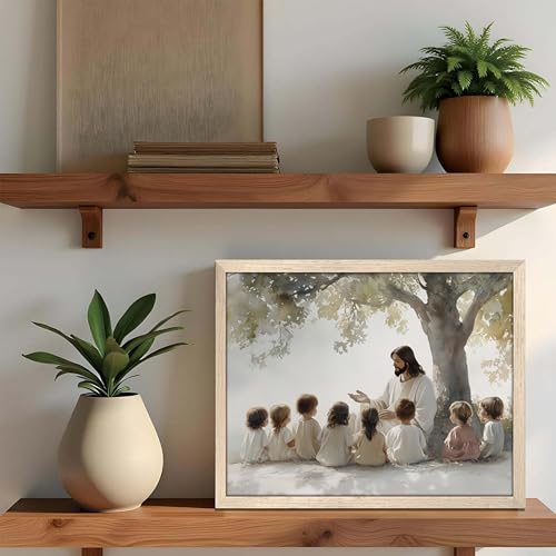 Jesus With Children Wall Art, Christian Jesus Teaching Kids Wall Decor Paintings, Religious Bible Canvas Print Pictures for Nursery Kids Room Prayer Room Home Decor Wood Framed 12x16 Inch - color: Jesus E, size: 16"L x 12"W