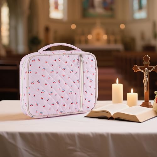 Bible Cover Case for Women Large Cherry Bible Bag Organizer Quilted Study Supplies Accessories Carrying Cases for Girls Portable Tote Bag Christian Gifts - color: Mini Cherry