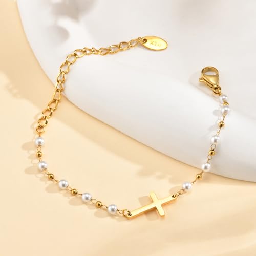 Baby Baptism Cross Bracelet Gift : 18k Gold Plated/Silver Delicate Pearl Cross Bracelets Kids Daughter Granddaughter Birthday First Communion Confirmation Gifts Christian Jewelry for Boys Girls - style: Gold - baptism gift