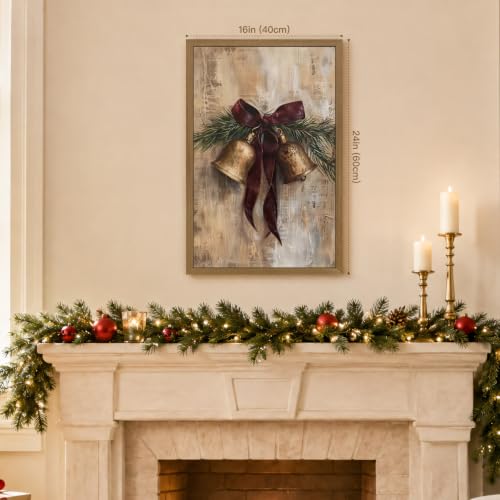 Dynazo Vintage Neutral Christmas Bow Bells Wall Art, Wood Framed 16x24 Inch - color: Bell, size: 24"L x 16"W