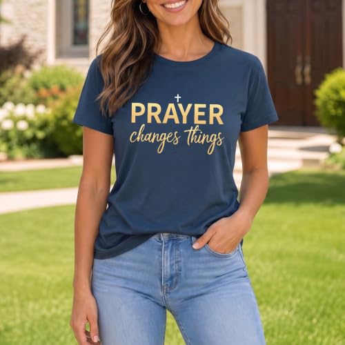 BeWithYou Christian Shirts for Women Religious Faith Jesus God Tshirts Inspirational Bible Verse Cross Graphic Tee Casual Top - color: Navy Blue, size: Medium