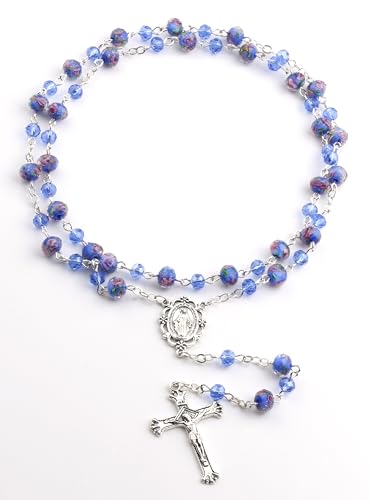 Murano Glass Rose Beads Catholic Virgin Mary Rosary Necklace Women - color: Blue