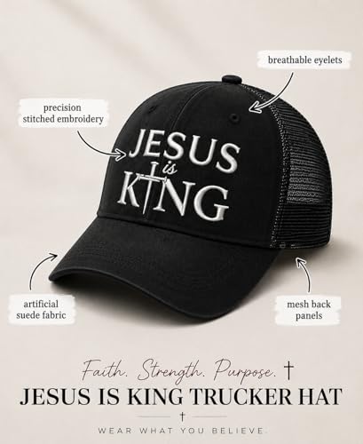 Christian Hat for Men Women - Premium Embroidered Faith Baseball Cap - Religious Jesus Gifts, Mesh Back Trucker Hats - color: Jesus is King-black