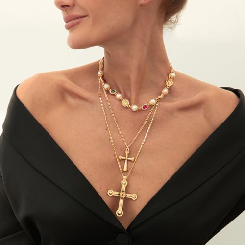 Layered Cross Necklace Set for Women – Vintage Gold Pearl Choker, Multi-Strand Chain with Religious Pendant, Trendy Baroque Statement Jewelry, Adjustable Fashion Gift - color: 3 Layer Gold Cross