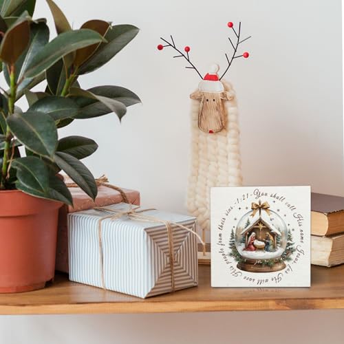 Christian Christmas Nativity Wooden Box Sign Desk Decor, Jesus Birth Christmas Decor, Religious Xmas Wood Block Sign for Home Bedroom Office Desk Table Shelf Wall Decorations, 5x5 Inch - color: Christian-02