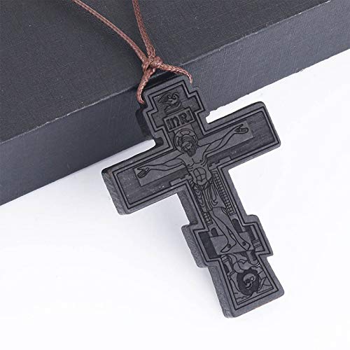 COTTVOTT Wood Orthodox Cross Pendant Necklace Christian Crucifix Necklace Prayer Jesus for Women Men - style: B-Black Color