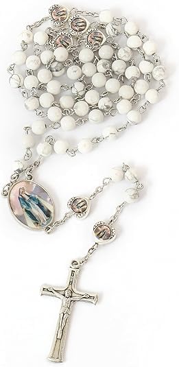 Nazareth Store Natural Stone Beads with Miraculous Epoxy Heart Metal Beads Rosary Necklace Gemstone Christian Gifts - color: Howlite