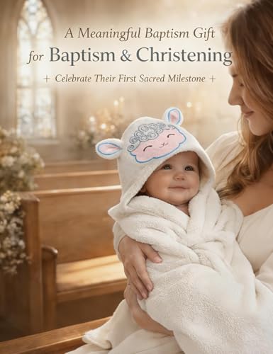 Noah's Ark Baptism Gifts, 7-Piece Christening Gift Set with Hygienic Sealed Bath Toys, Soft Hooded Lamb Towel, Storybook & Washcloth for Newborn Dedic