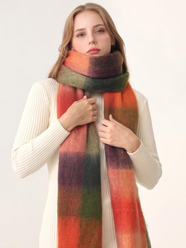 HOTIAN Women's Large Scarf Colorful Chunky Plaid Scarves Soft Winter Thick Tassel Warm Wrap Shawl - color: Green-red (Forest)